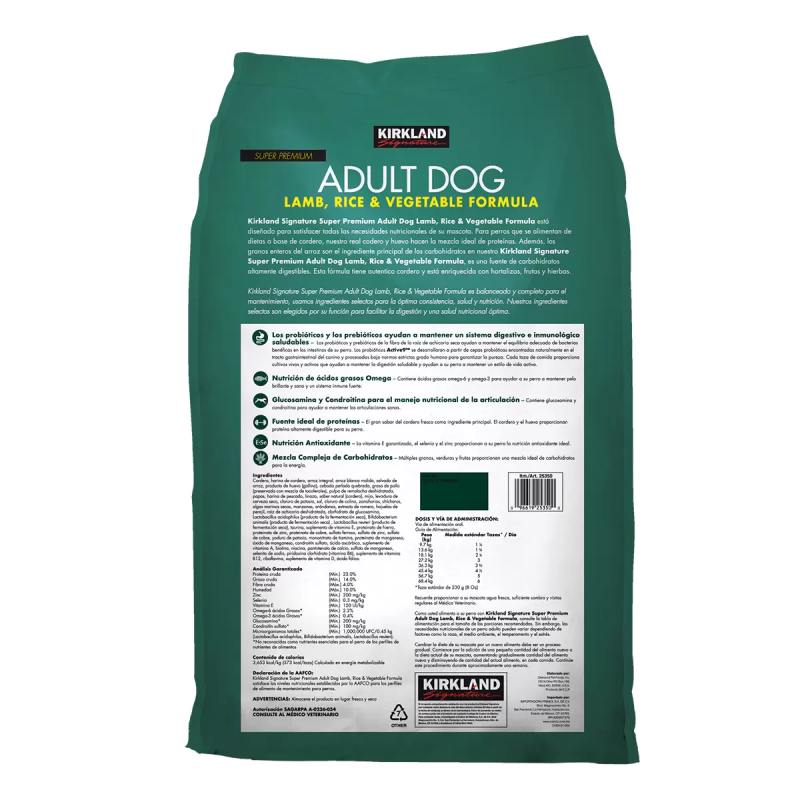 KIRKLAND SIGNATURE PERRO ADULTO - CORDERO, ARROZ Y VEGETALES 18.1 KG